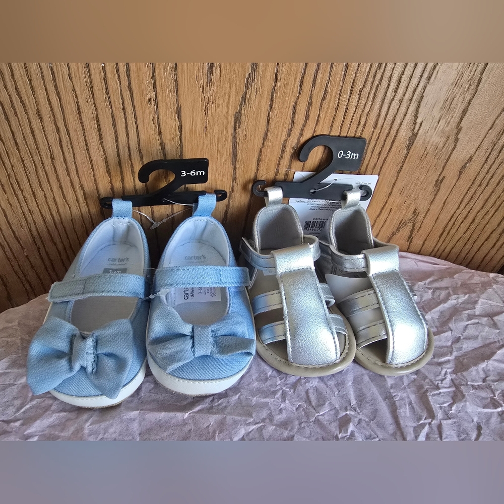 NWT Carter's Baby Girl Shoes Set Size 0-3 & 3-6 months- Blue Bow and Silver Cute